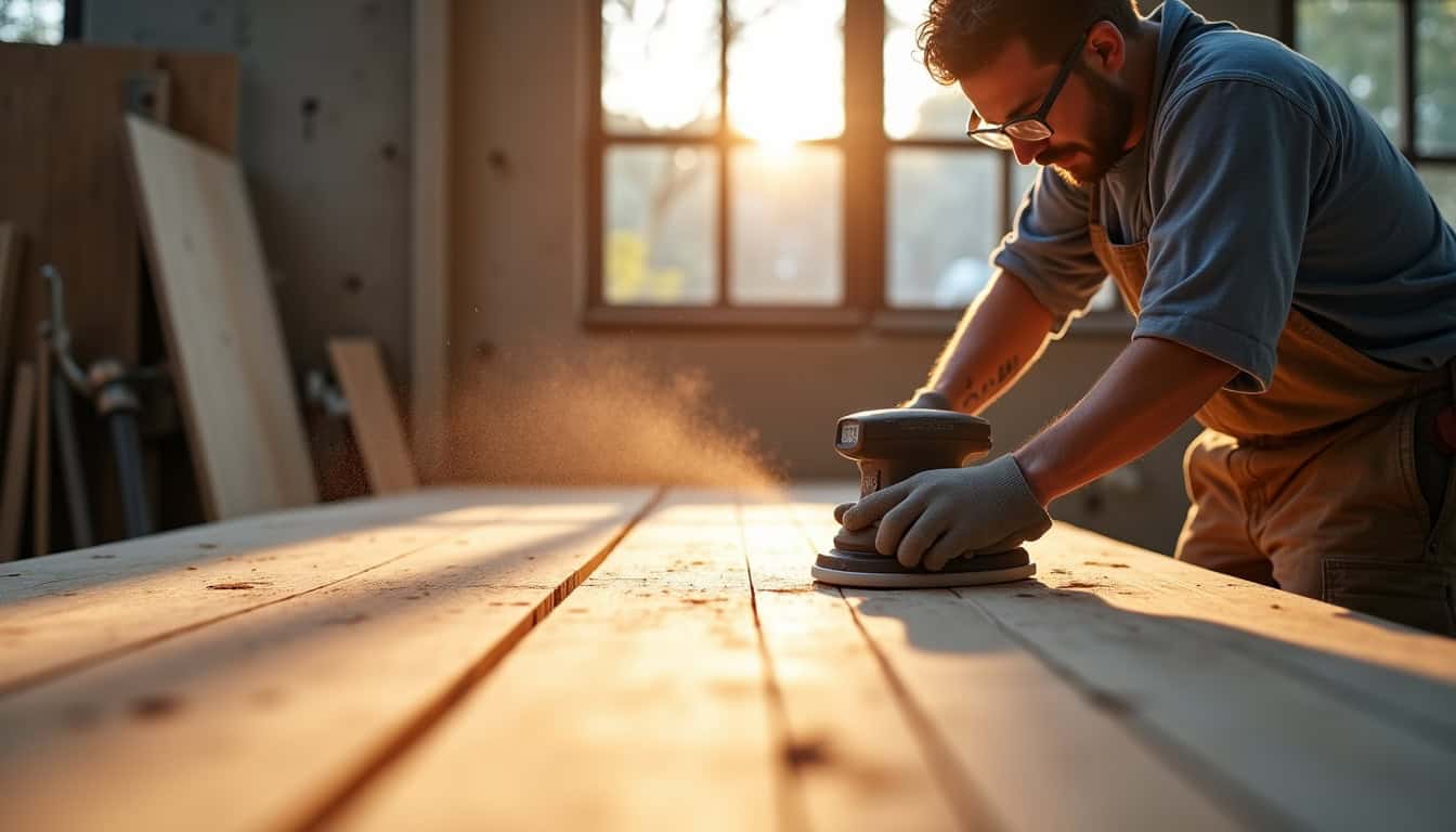 Artisan utilisant une ponceuse sur un plancher en bois brut