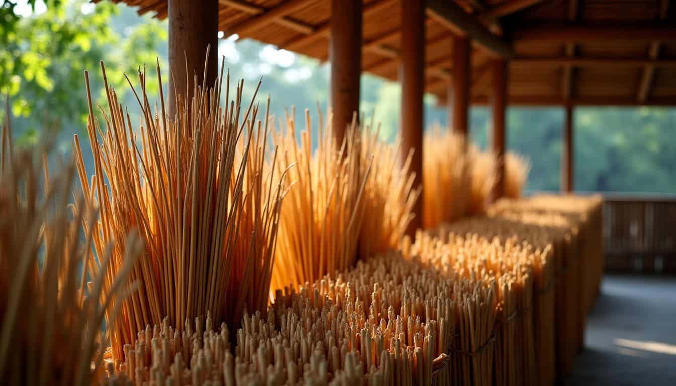 Chaumes de bambou empilés verticalement sous un abri pour un séchage naturel optimal