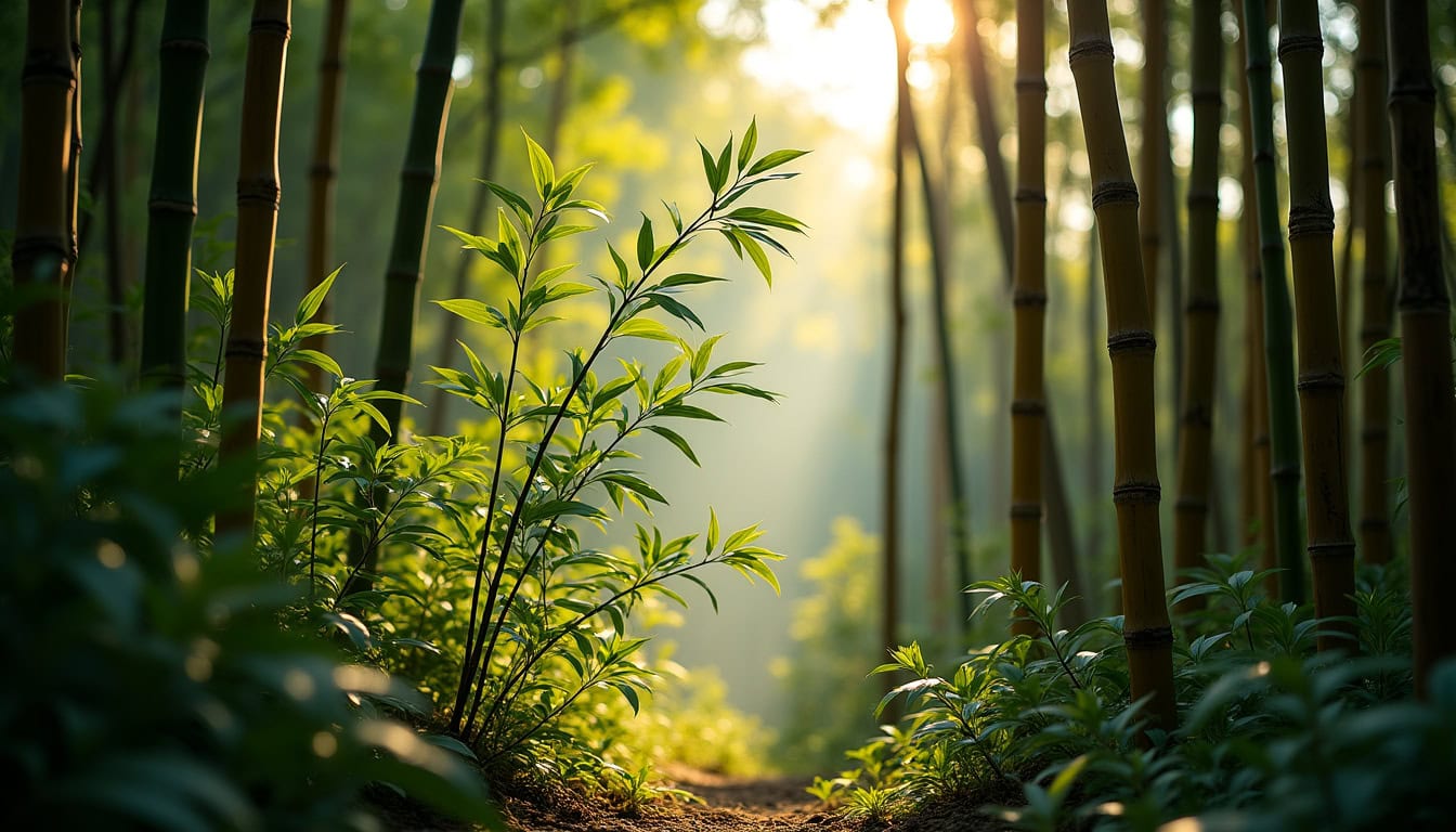 Comparaison visuelle entre des chaumes de bambou jeunes et matures dans un massif dense