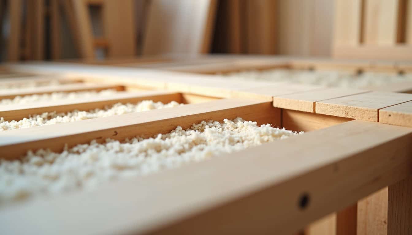 Plancher en bois massif posé sur lambourdes avec isolation entre les montants