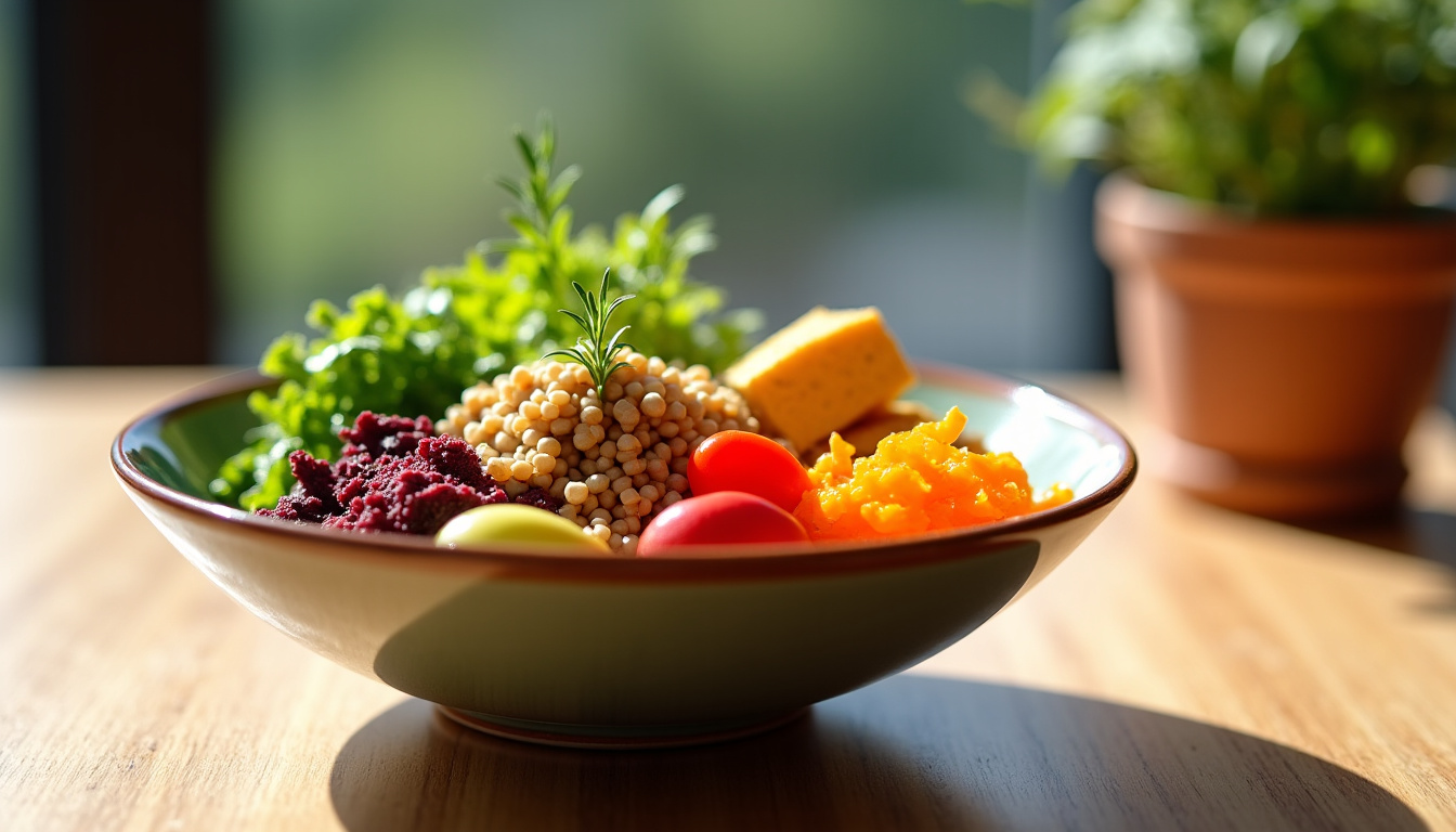 Assiette végétalienne colorée du salon de thé Cerise sur la yourte, composée de légumes frais, tofu et grains, présentée dans un bol en céramique