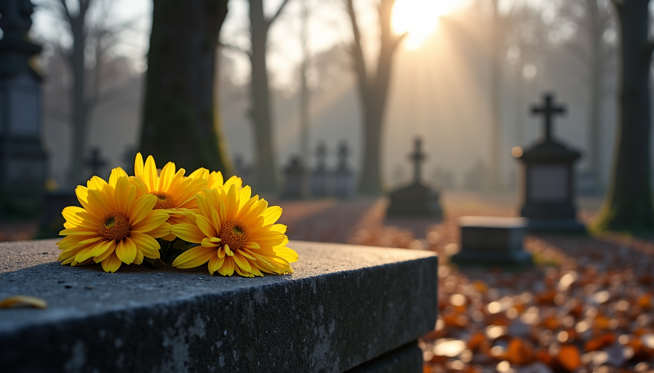 Chrysanthèmes jaunes placés sur une tombe dans un cimetière parisien