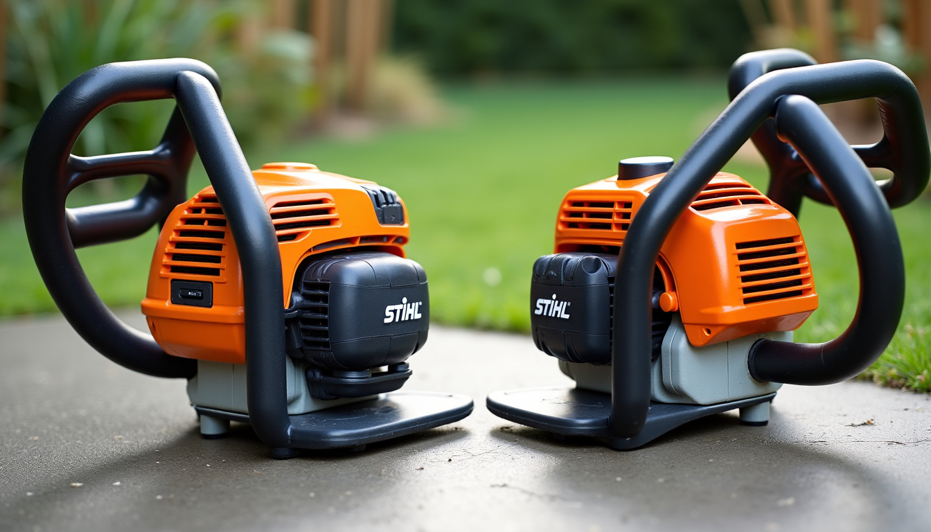 Comparaison visuelle entre une débroussailleuse Stihl et une Husqvarna
