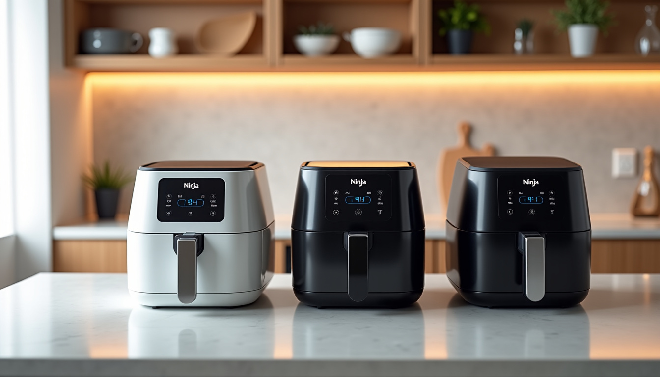 Différents modèles de friteuses sans huile Ninja Air Fryer alignés sur un plan de travail moderne