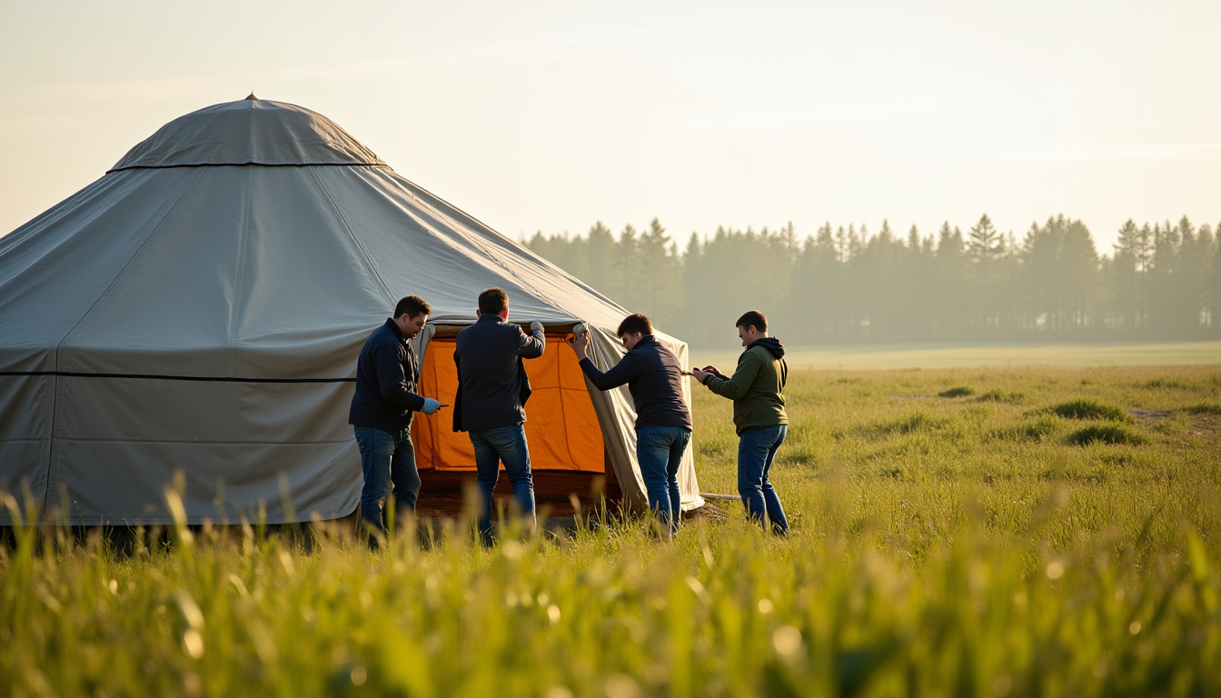 Équipe en train de monter une yourte sur un terrain enherbé