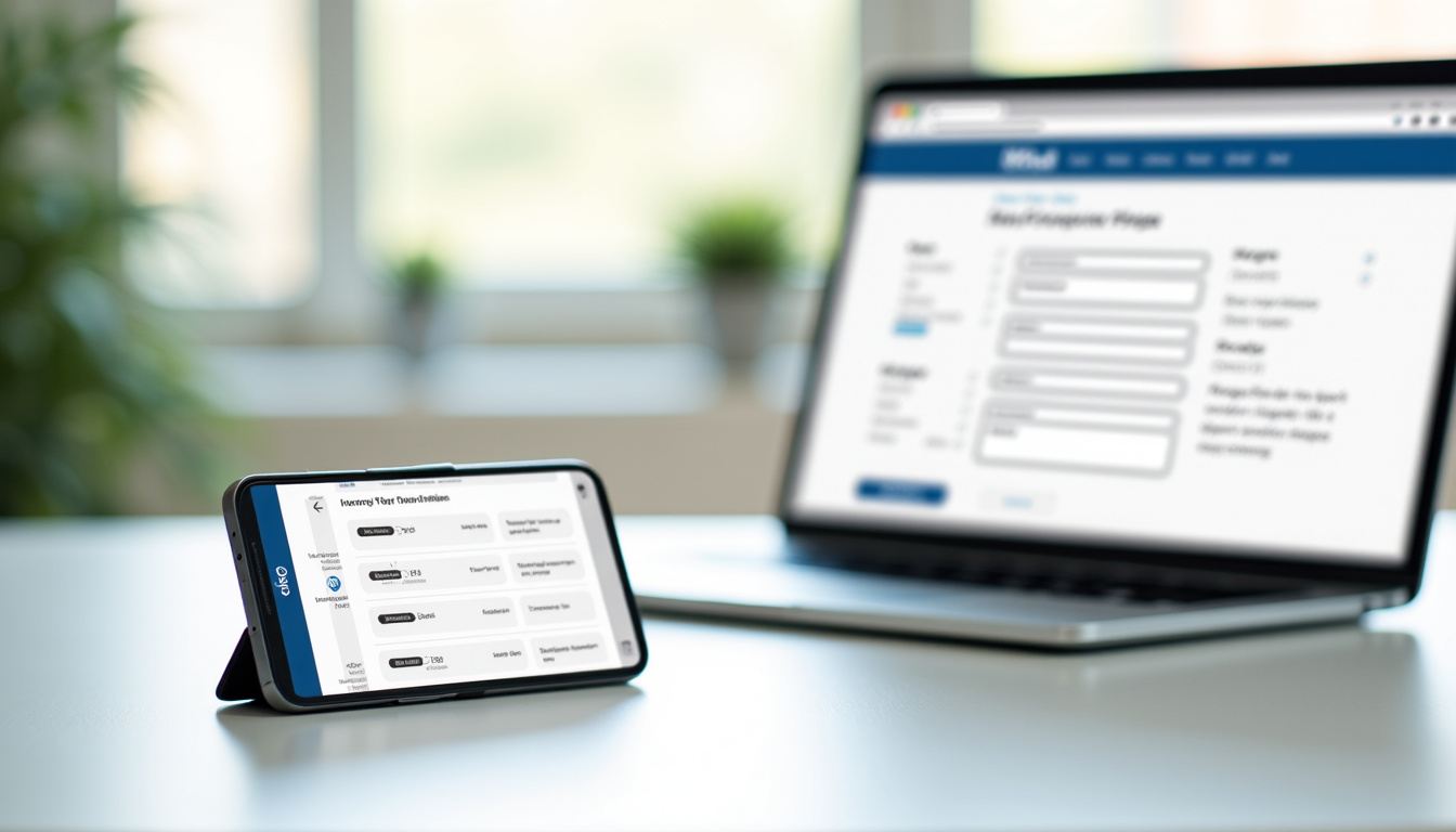 Interface de souscription en ligne sur le site e-primo avec formulaire et smartphone