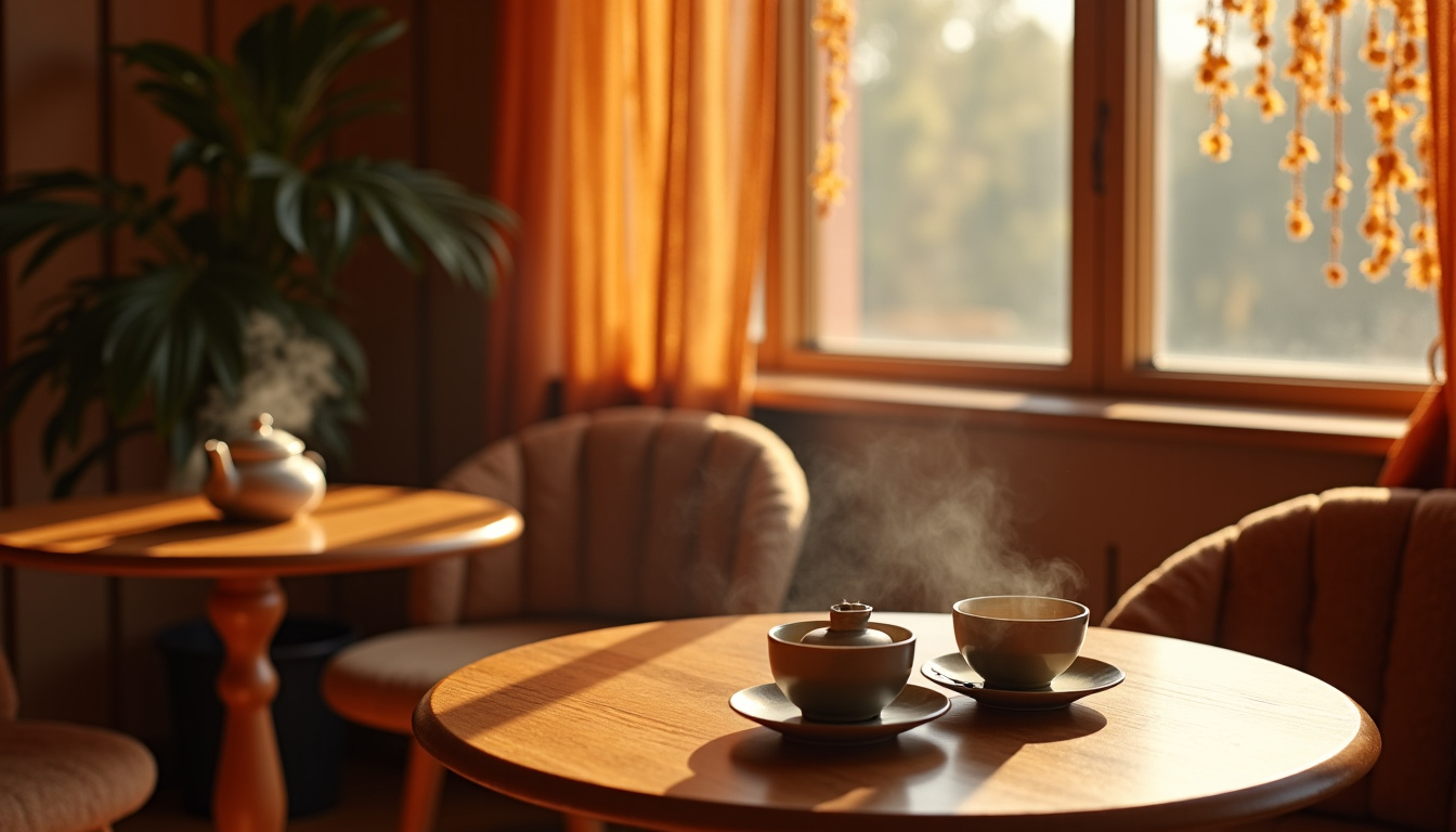 Intérieur chaleureux du salon de thé Cerise sur la yourte à Toulouse, avec mobilier en bois, tissus doux et lumière tamisée