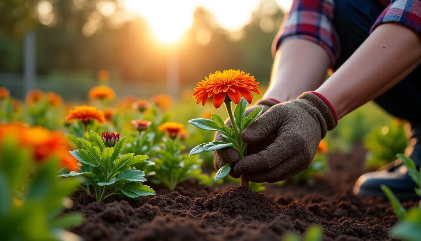 Jardinier plantant un chrysanthème dans un massif en pleine terre