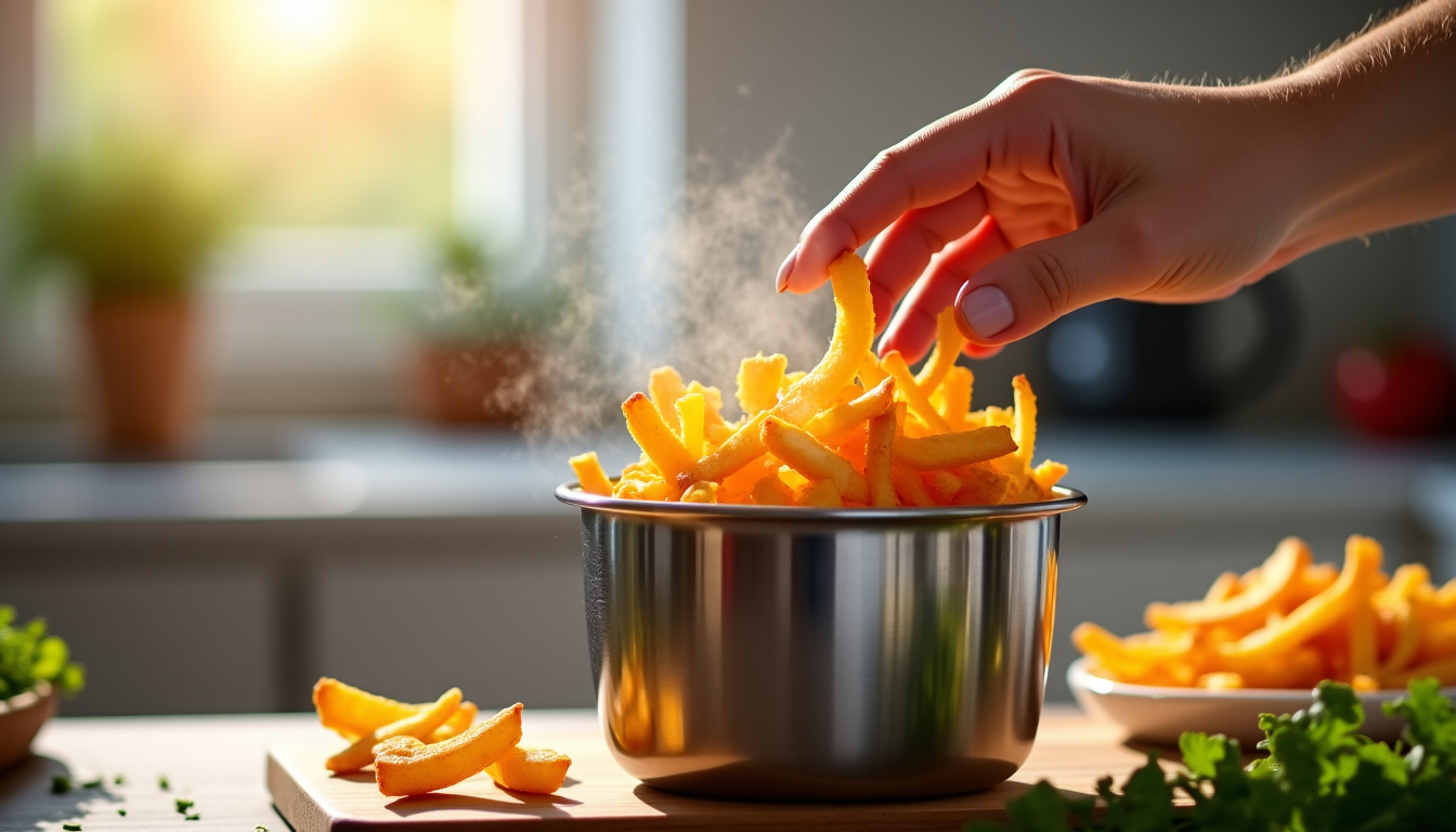 Main en train de placer des frites dans le panier d