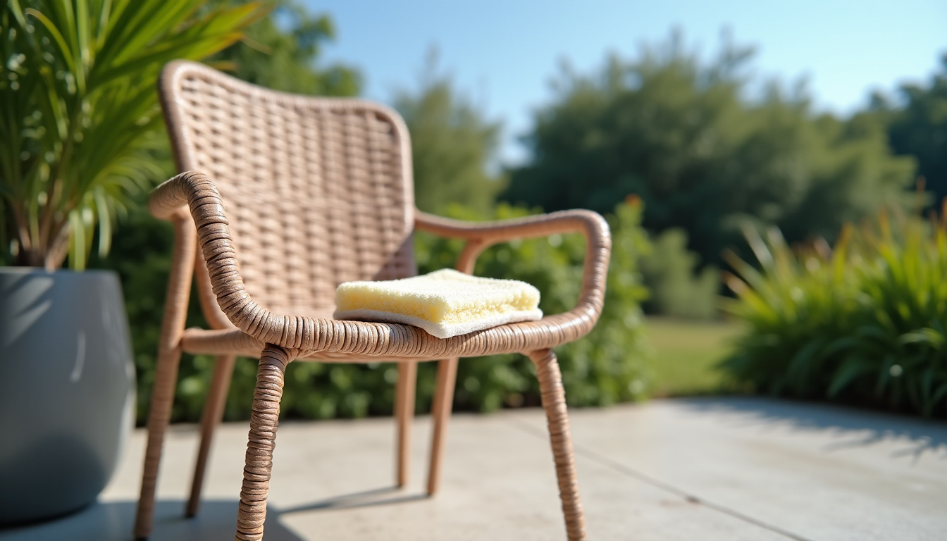 Nettoyage d’un salon de jardin en résine tressée avec une éponge douce et de l’eau savonneuse