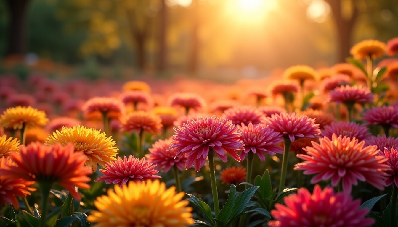 Panorama de chrysanthèmes multicolores en fleur dans un jardin