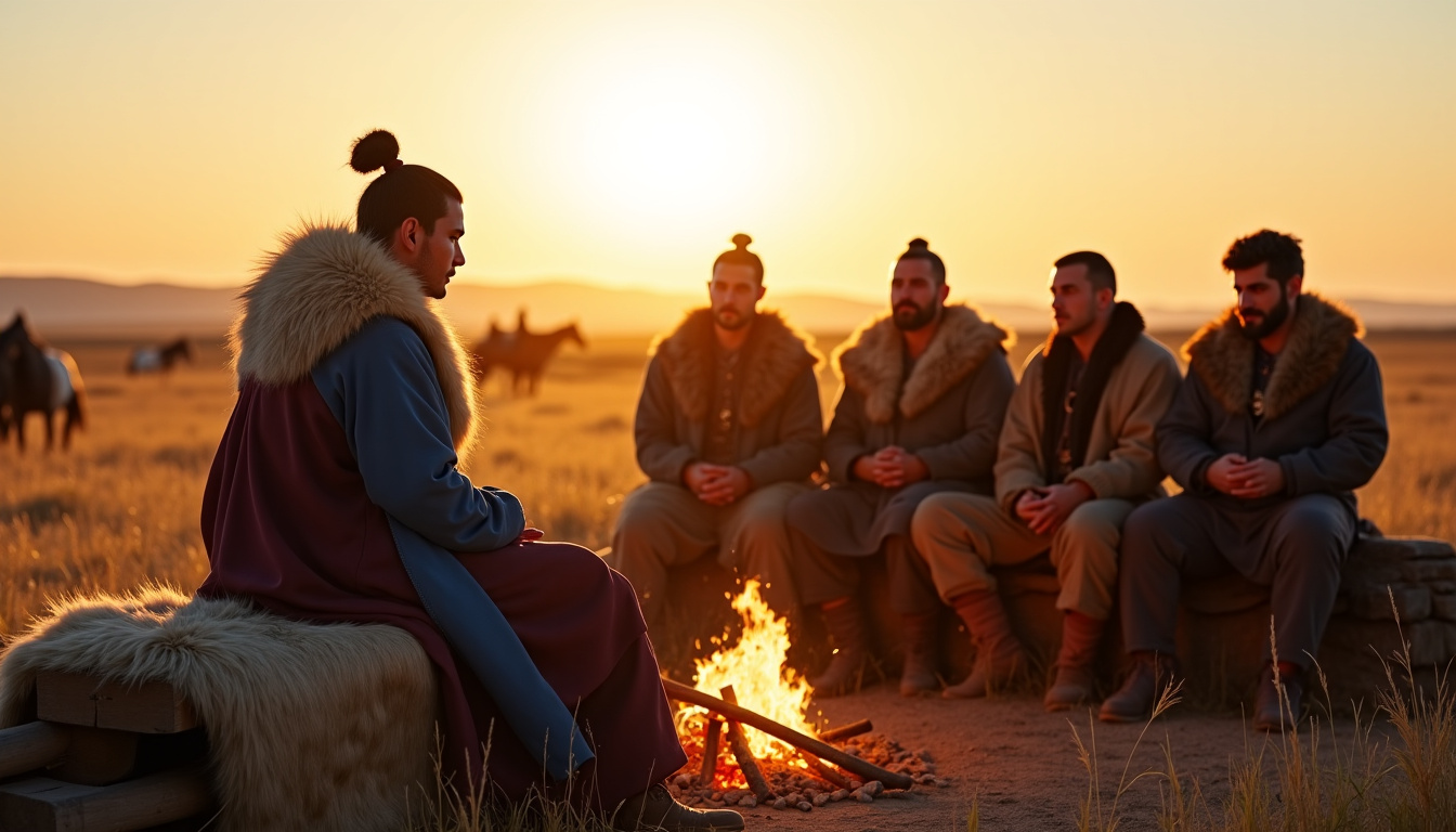 Reconstitution historique de Temüjin négociant avec les chefs tribaux lors de l’unification des Mongols