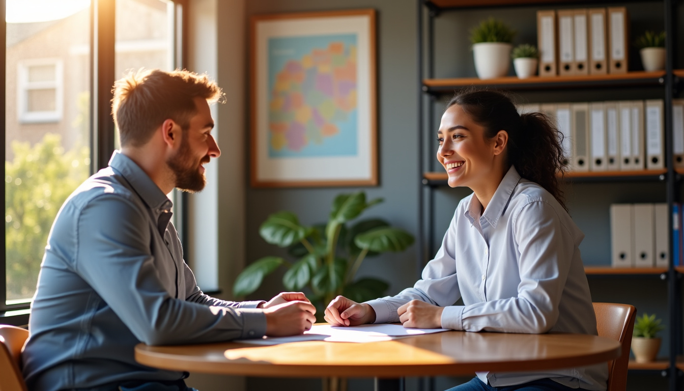 Rencontre entre un acheteur et un agent immobilier local dans une agence de quartier