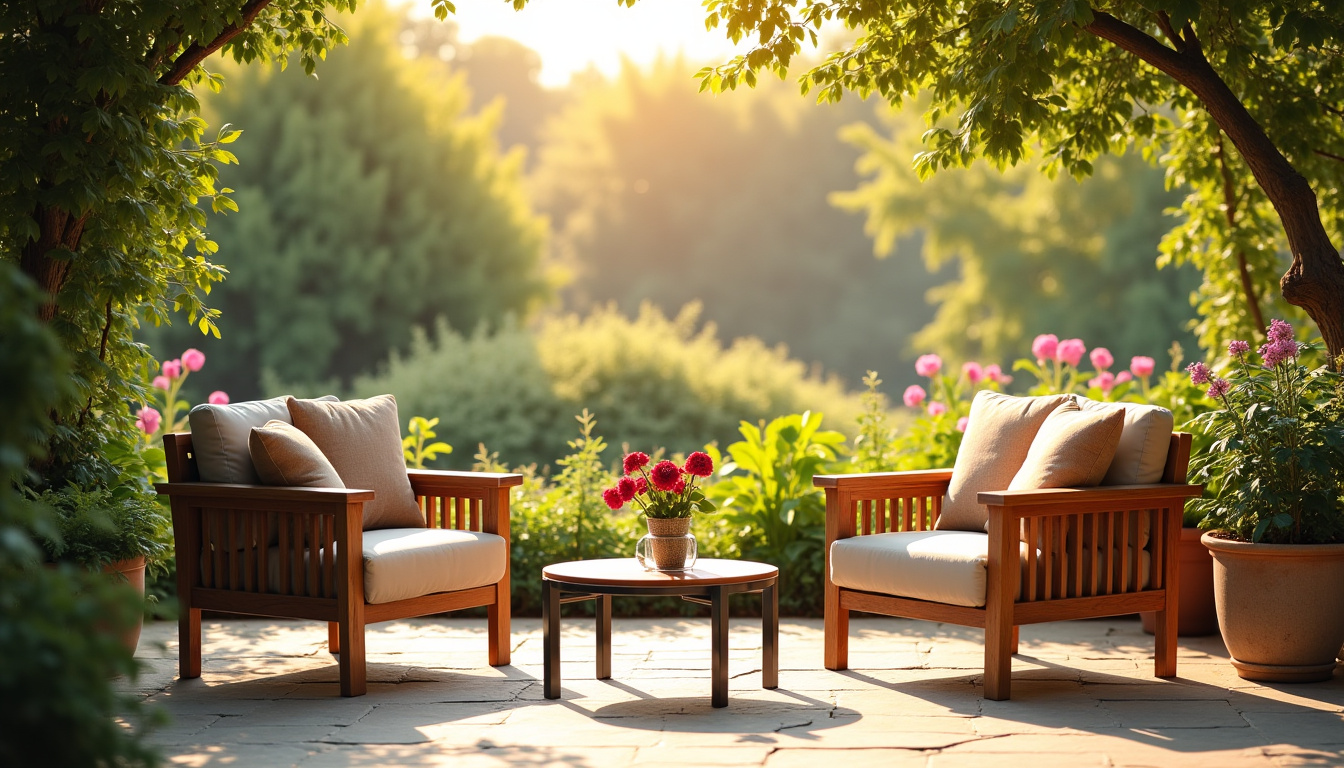 Salon de jardin en bois et métal installé sur une terrasse extérieure avec vue sur un jardin