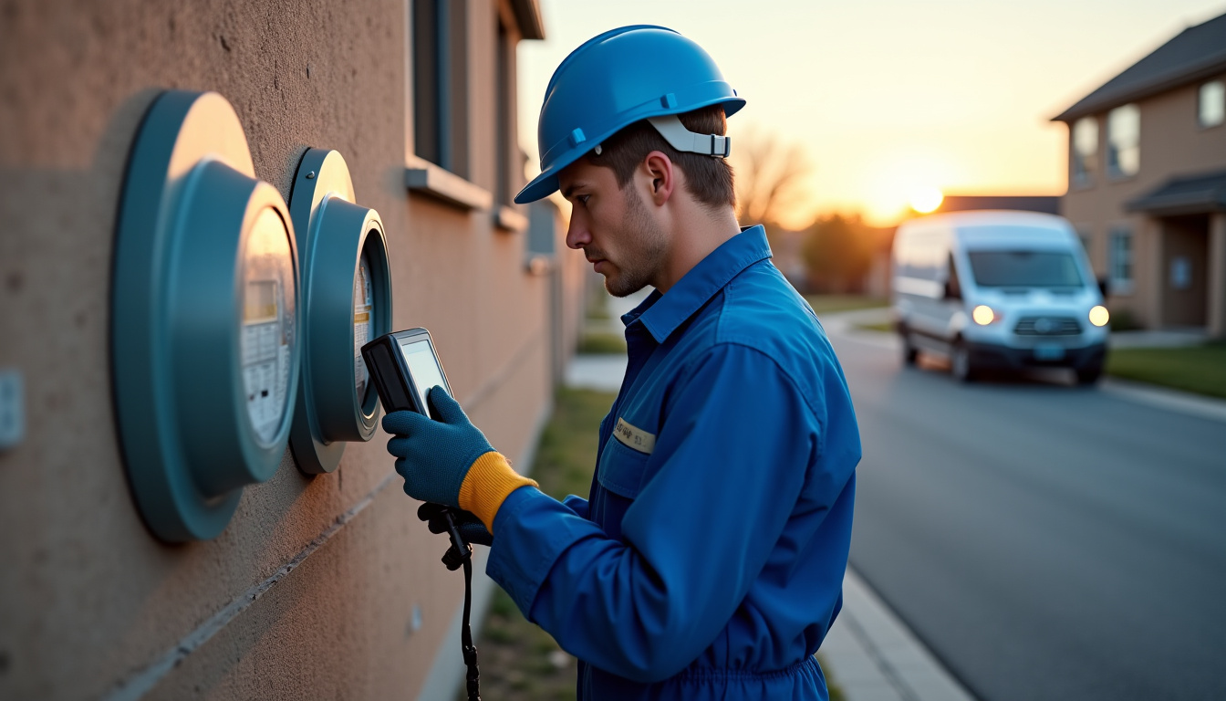 Technicien GRDF en intervention sur un compteur gaz, équipé d’un uniforme et d’un outil de détection de fuite