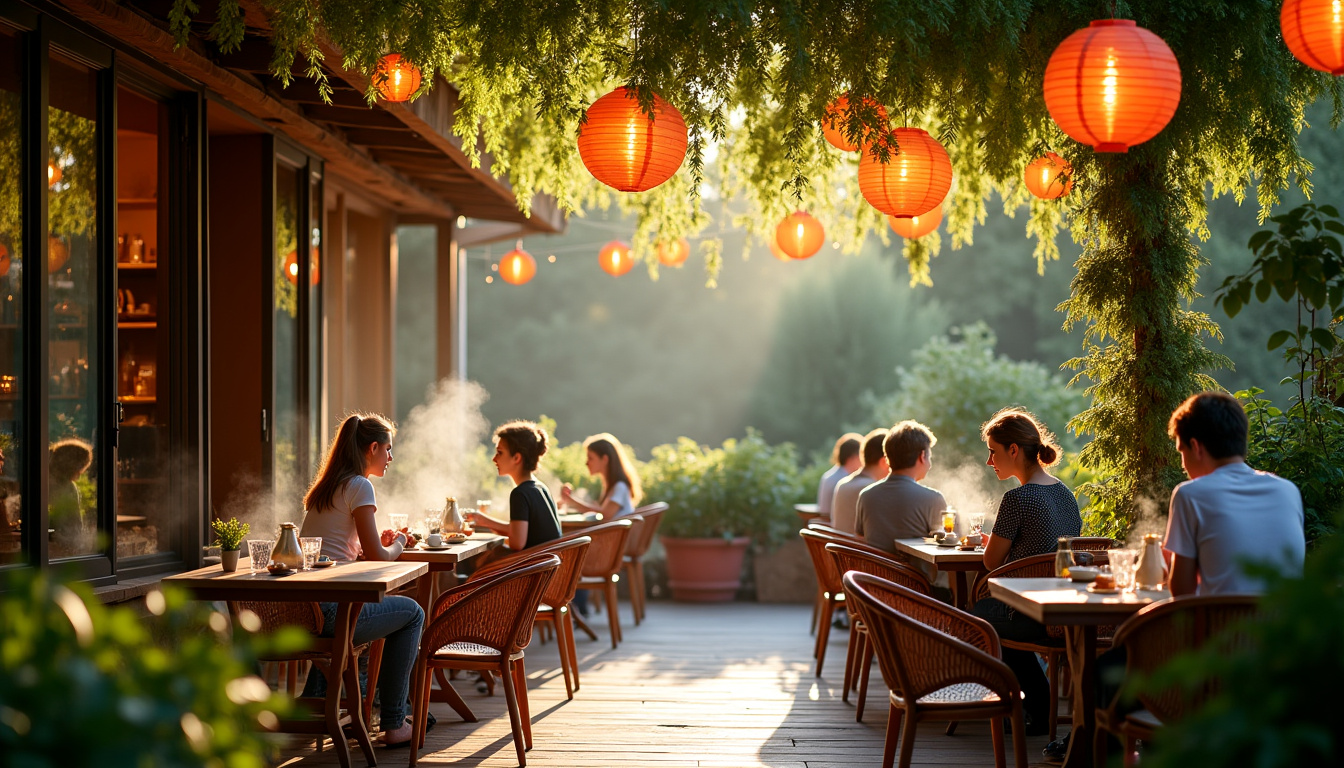 Terrasse du salon de thé Cerise sur la yourte à Toulouse, décorée de plantes et de lanternes, avec quelques clients en train de déguster leur thé