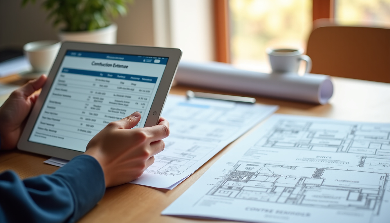 Utilisateur consulte sa demande de devis sur une tablette, entouré de documents et de plans
