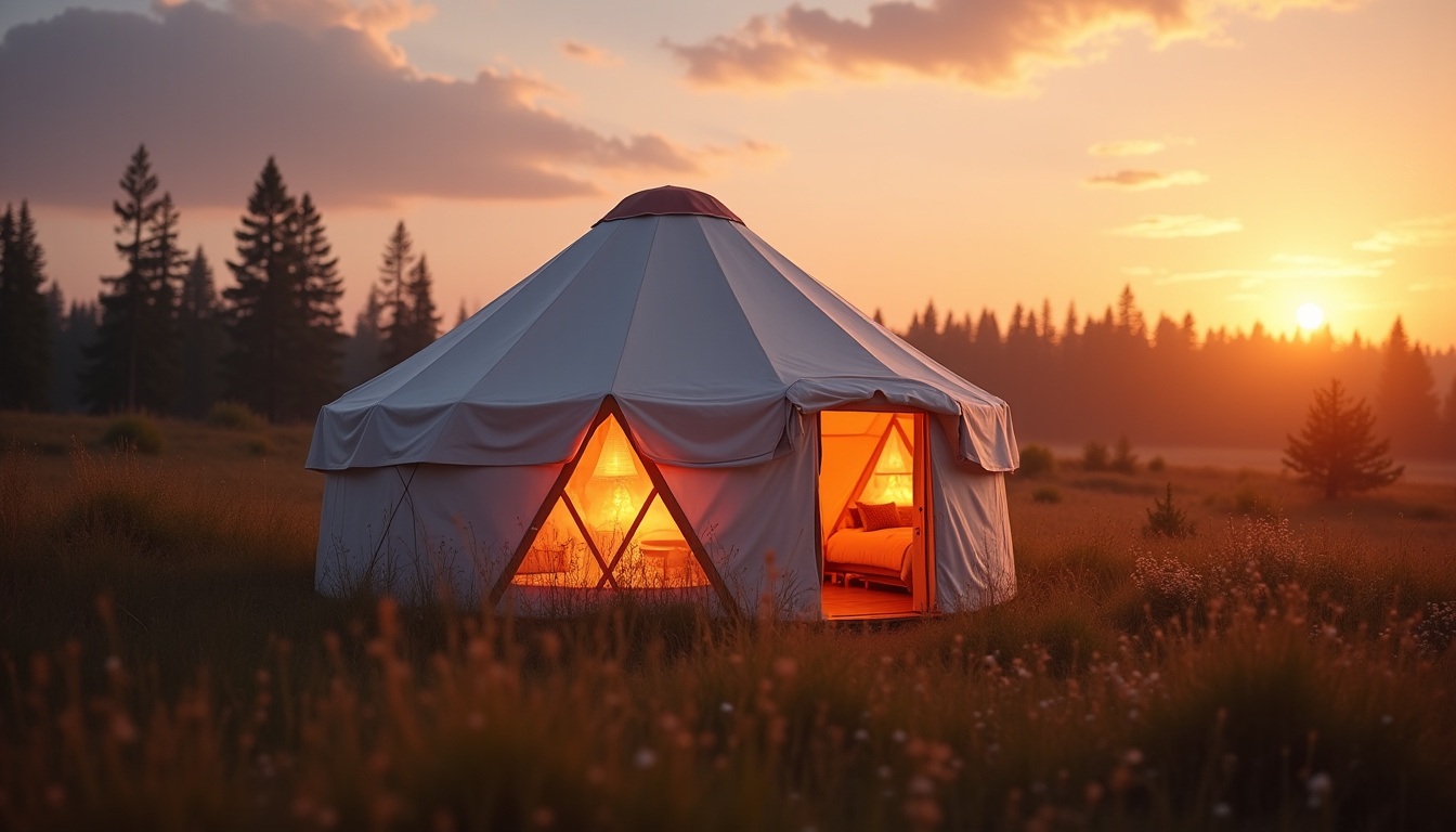 Yourte de luxe installée dans un cadre naturel avec lumières douces et coucher de soleil