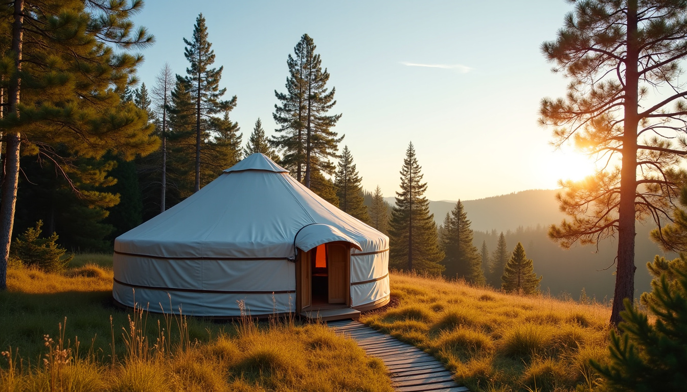 Yourte mongole installée dans un paysage naturel avec forêt et ciel dégagé