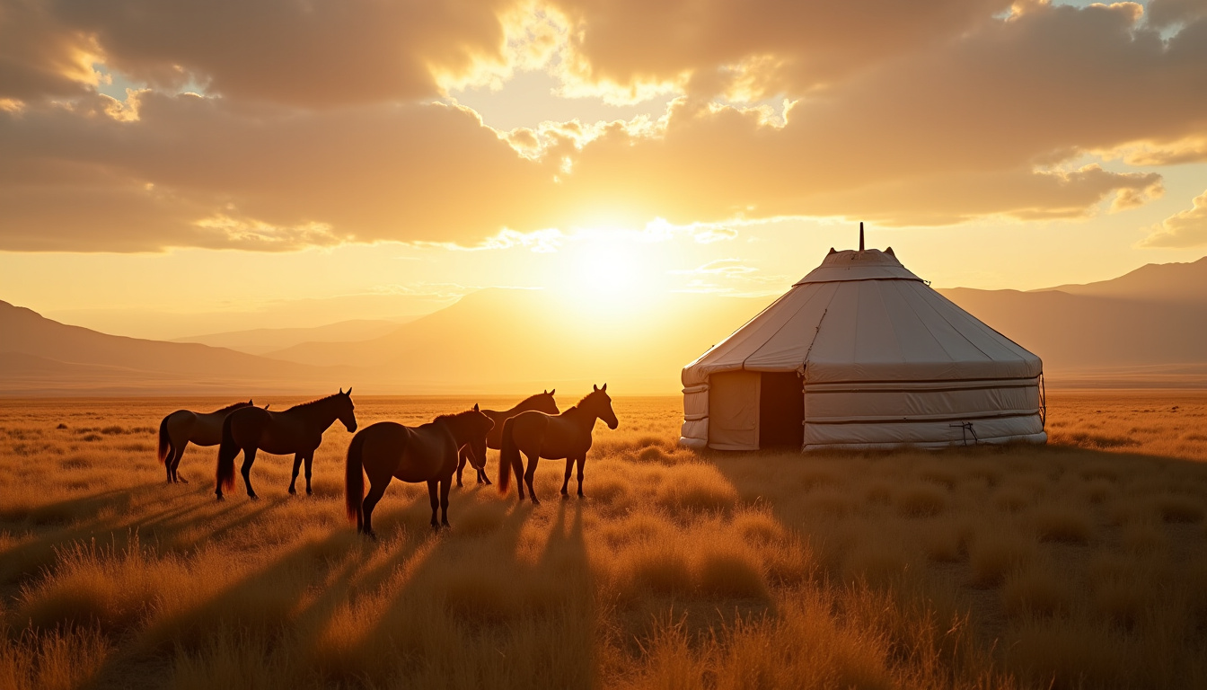 Yourte traditionnelle en Mongolie entourée de chevaux et de paysage steppique