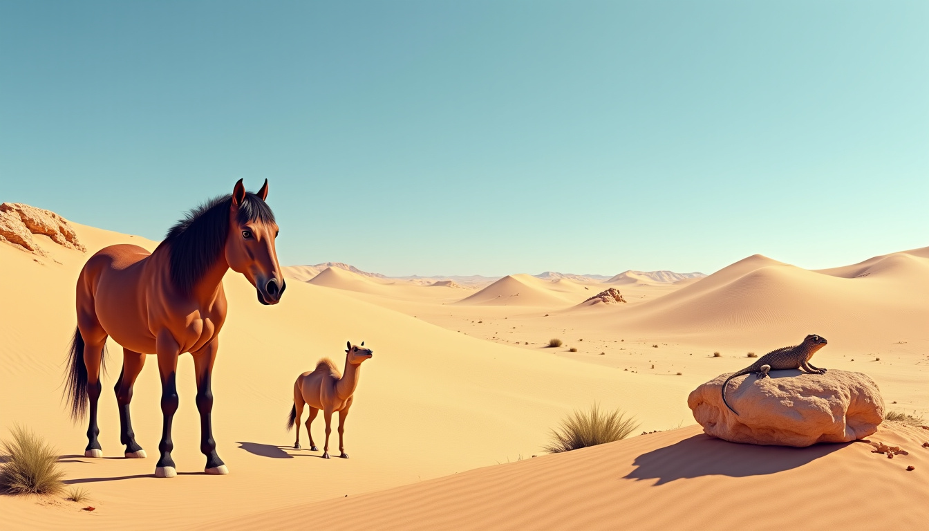 Animaux du désert de Gobi: cheval de Przewalski, chameau bactrien, lézard du désert et hamster sauvage