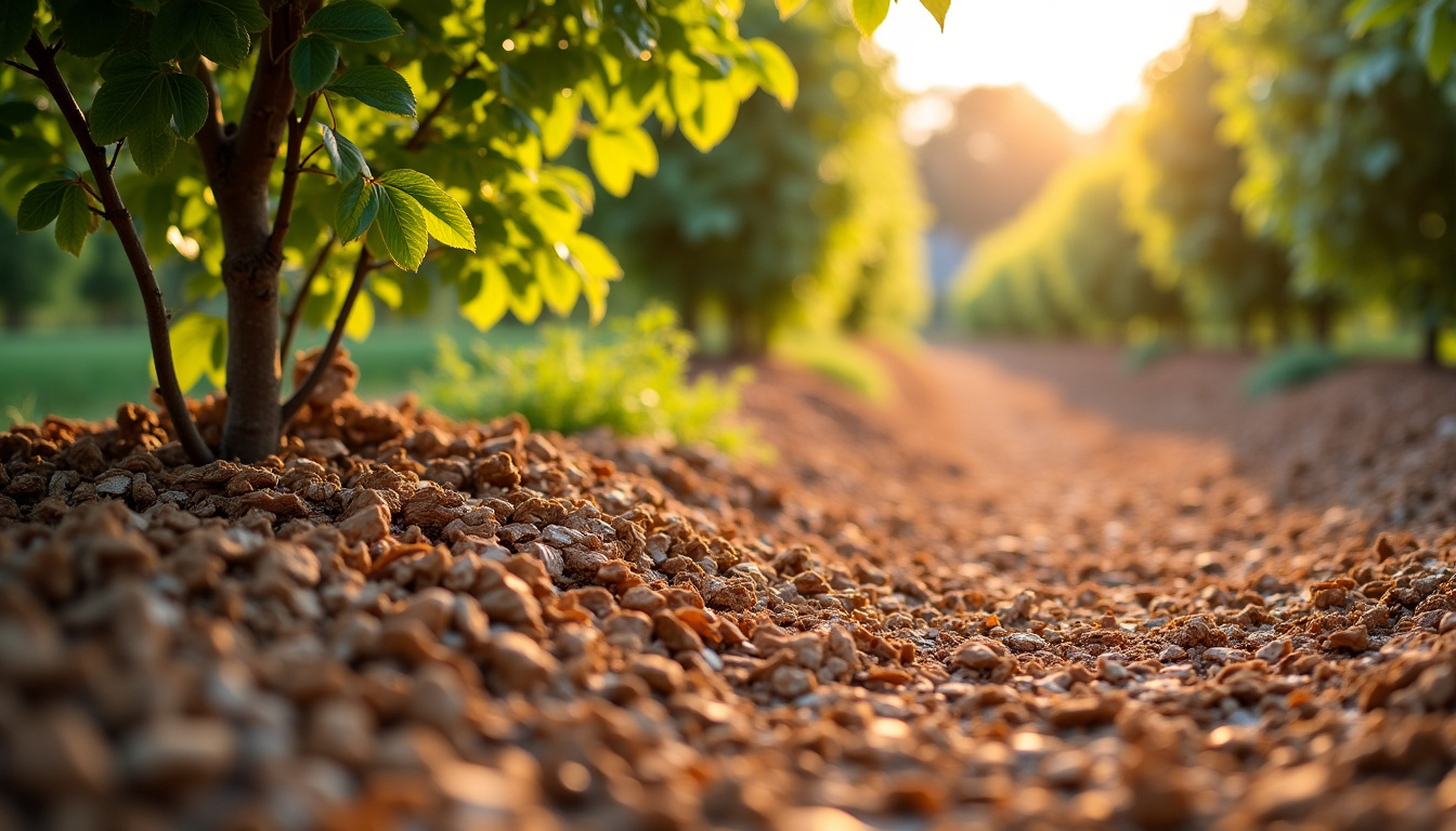 Application du broyat autour des arbres fruitiers et sur les allées du potager