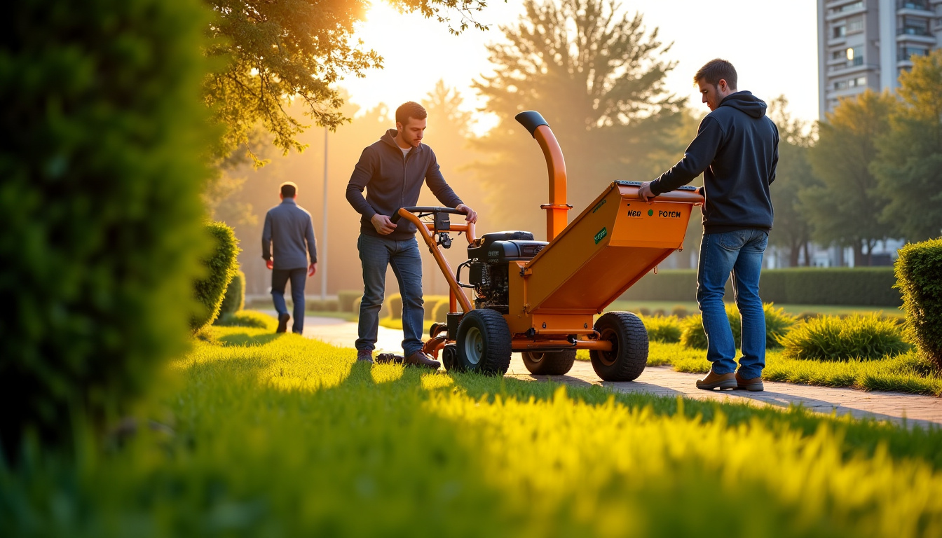 Équipe utilisant un broyeur de branches et une tondeuse Loxam sur un parc urbain