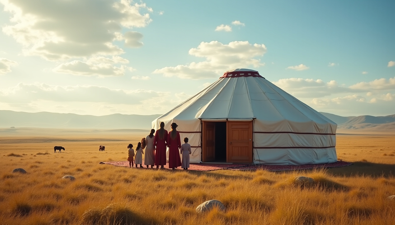 Famille mongole en tenue traditionnelle posant devant une yourte (ger) dans un paysage de steppe