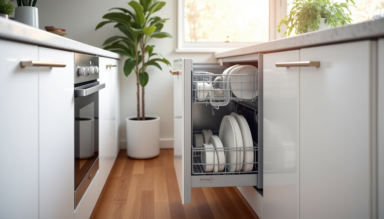 Lave-vaisselle encastrable installé dans une cuisine moderne, montrant l