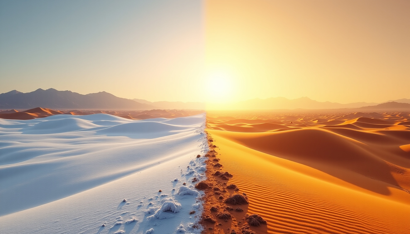 Paysage du désert de Gobi montrant les contrastes entre les températures hivernales et estivales, avec des traces de neige et des dunes brûlantes
