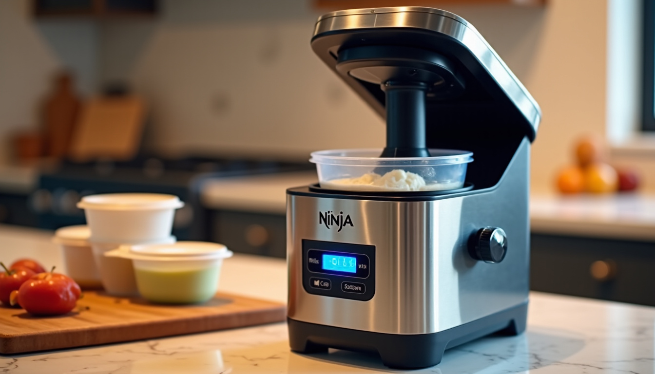 Vue détaillée du Ninja Creami en fonctionnement avec les pots et la machine allumée